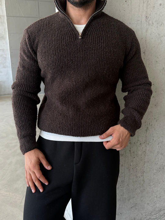 Kahve Yarım Zip Şardonlu Pamuk Teddy Boxy Fit Kazak AU