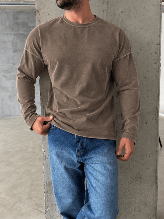 Kahve Yıkamalı Bisiklet Yaka İki İplik Sweatshirt KN 5751