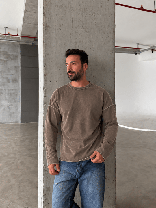 Kahve Yıkamalı Bisiklet Yaka İki İplik Sweatshirt KN 5751