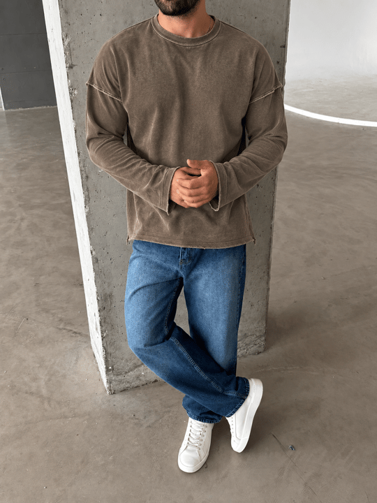 Kahve Yıkamalı Bisiklet Yaka İki İplik Sweatshirt KN 5751