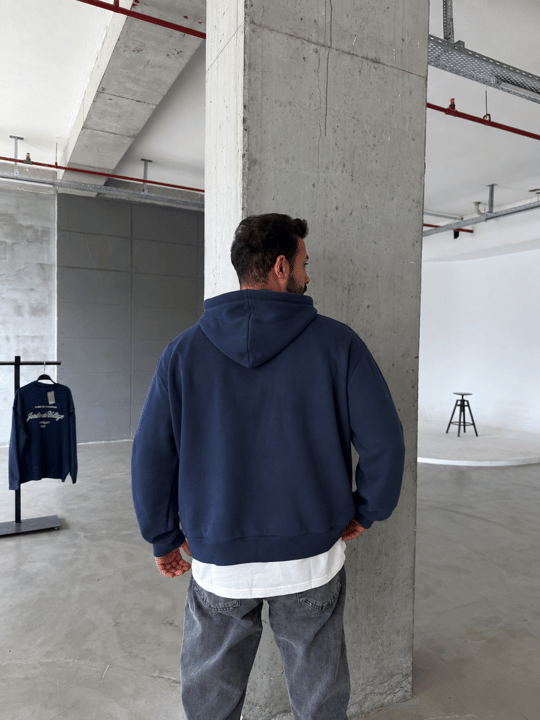 Lacivert 3 İplik Şardonsuz Kangru Cep Ribanalı Kapşonlu OTN 79029