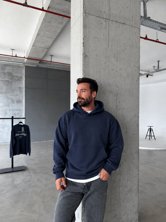 Lacivert 3 İplik Şardonsuz Kangru Cep Ribanalı Kapşonlu OTN 79029