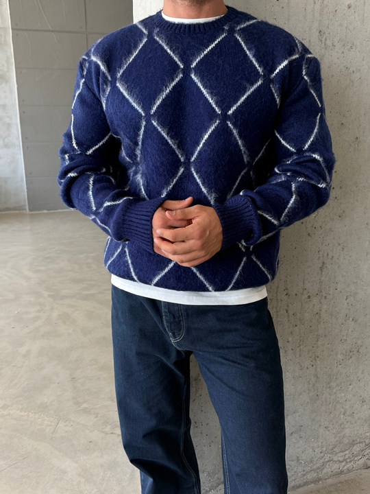 Lacivert Çizgi Desen Bol Boxy Şardonlu Pamuk Kazak AU