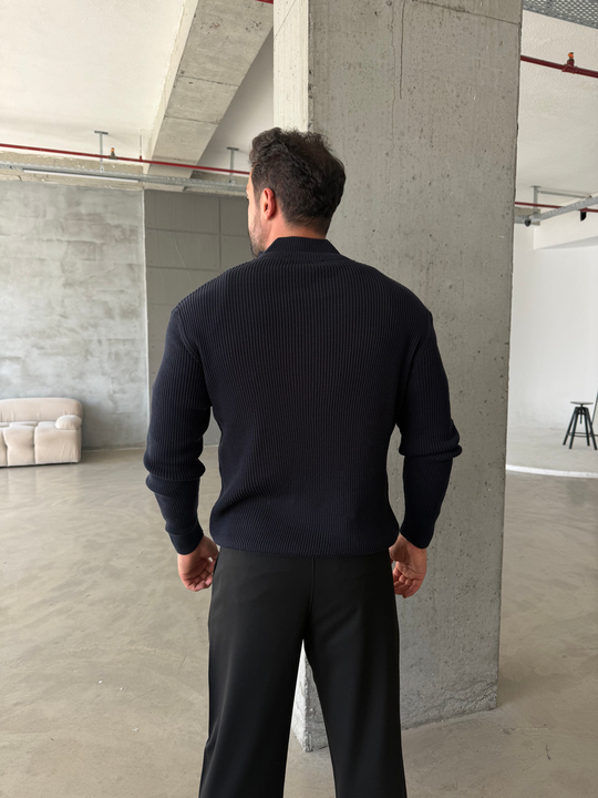Lacivert Elegant Fit Çift Fermuarlı Hırka Triko AU
