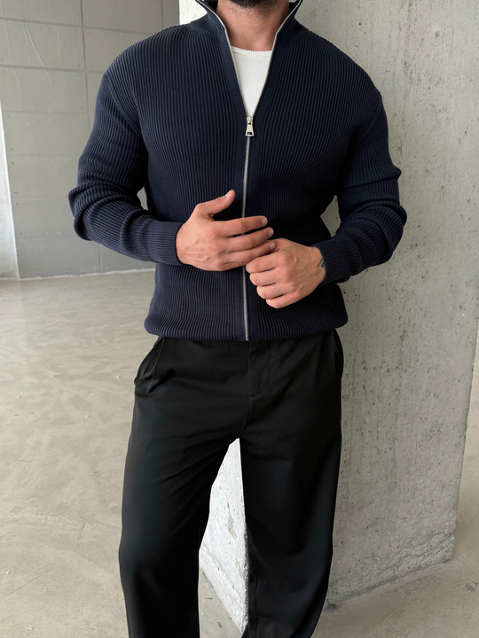 Lacivert Elegant Fit Çift Fermuarlı Hırka Triko AU