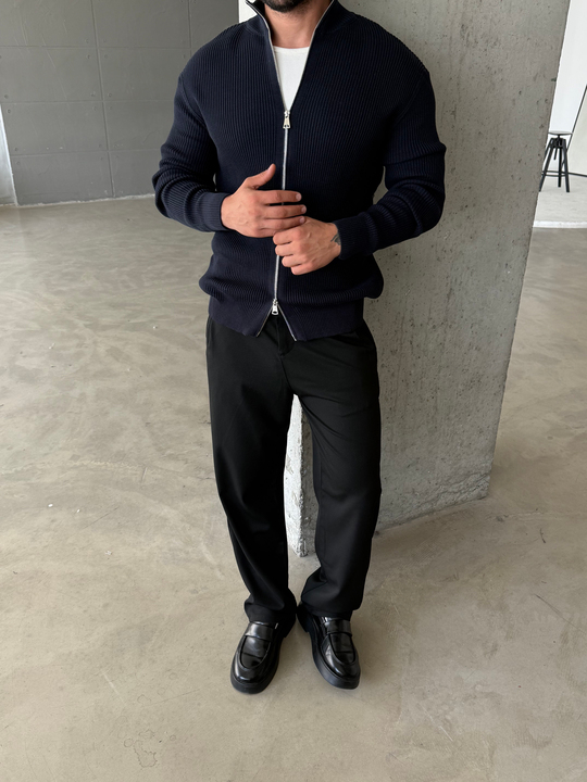 Lacivert Elegant Fit Çift Fermuarlı Hırka Triko AU