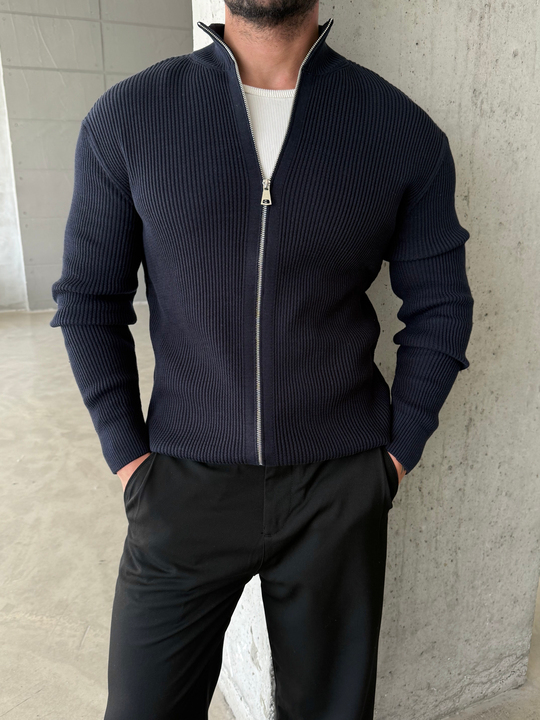 Lacivert Elegant Fit Çift Fermuarlı Hırka Triko AU