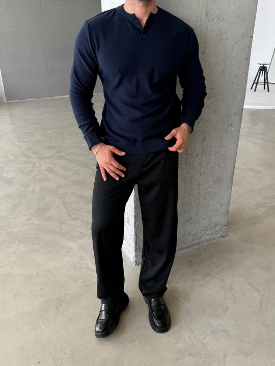 Lacivert Henley Yaka Örgü Relax Fit Triko SNZ