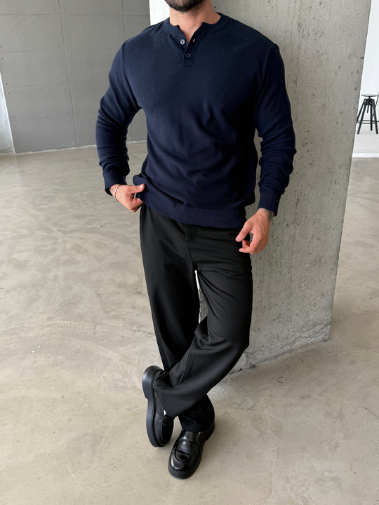 Lacivert Henley Yaka Örgü Relax Fit Triko SNZ