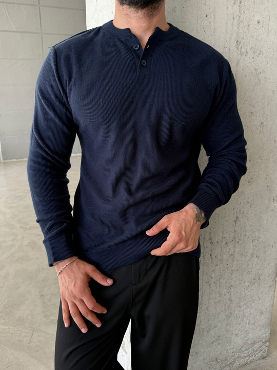 Lacivert Henley Yaka Örgü Relax Fit Triko SNZ