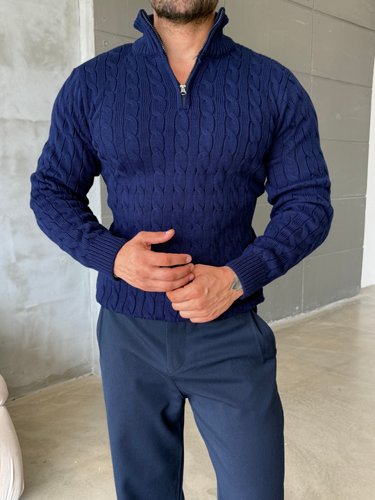 Lacivert Saç Örgü Yarım Zip Triko TB