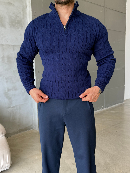 Lacivert Saç Örgü Yarım Zip Triko TB