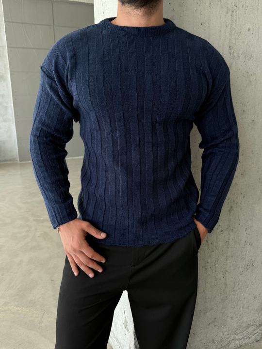 Lacivert Şardonlu Dikey Şerit Fit Kazak SNZ 7294