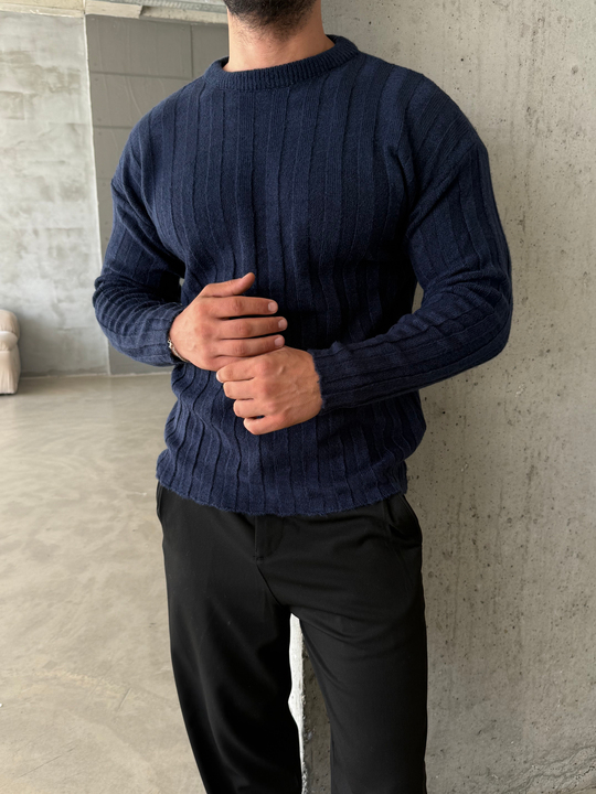 Lacivert Şardonlu Dikey Şerit Fit Kazak SNZ 7294