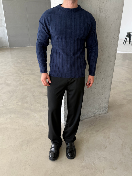Lacivert Şardonlu Dikey Şerit Fit Kazak SNZ 7294