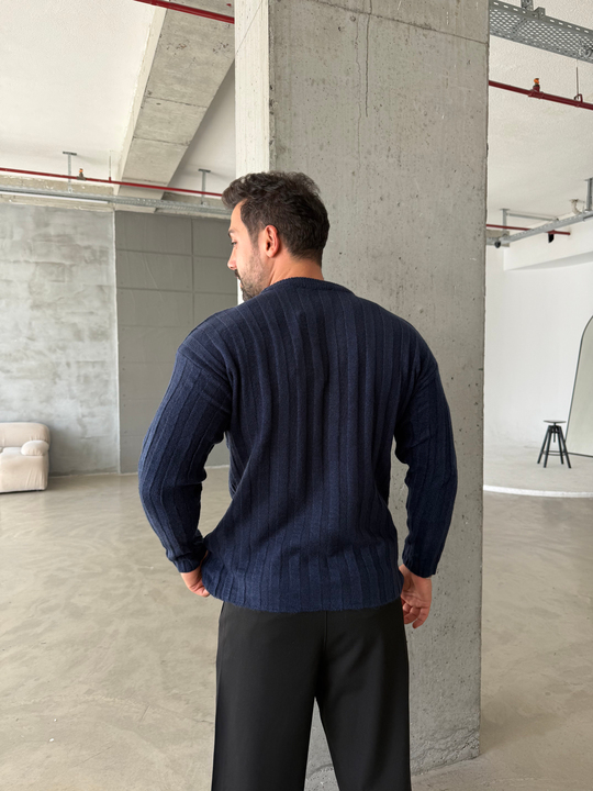 Lacivert Şardonlu Dikey Şerit Fit Kazak SNZ 7294