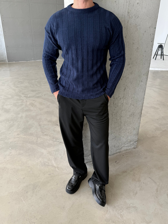 Lacivert Şardonlu Dikey Şerit Fit Kazak SNZ 7294