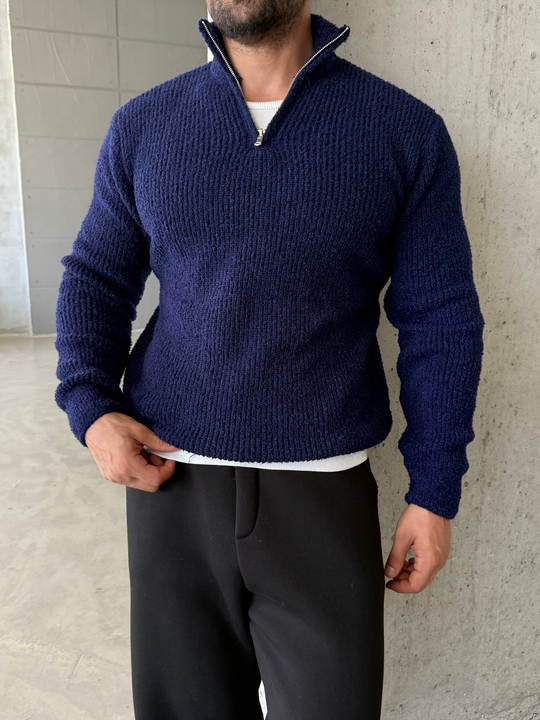 Lacivert Yarım Zip Şardonlu Pamuk Teddy Boxy Fit Kazak AU