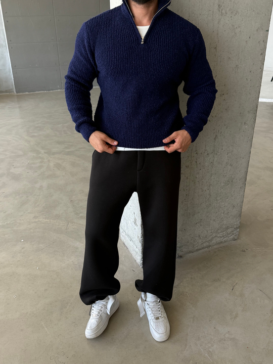 Lacivert Yarım Zip Şardonlu Pamuk Teddy Boxy Fit Kazak AU