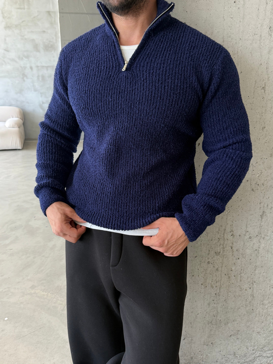 Lacivert Yarım Zip Şardonlu Pamuk Teddy Boxy Fit Kazak AU