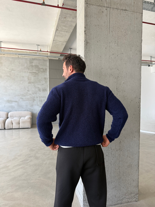 Lacivert Yarım Zip Şardonlu Pamuk Teddy Boxy Fit Kazak AU