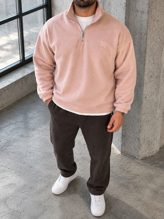 Pembe Yarım Zip Nakışlı Stoper Polar YEP 26033