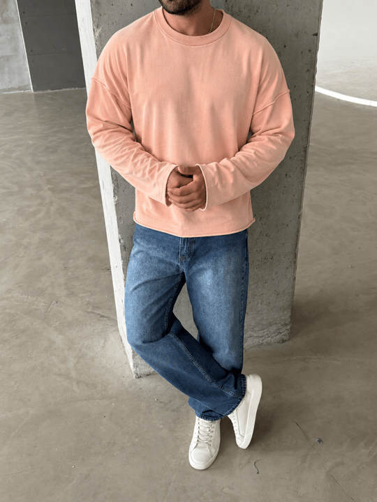 Pembe Yıkamalı Bisiklet Yaka İki İplik Sweatshirt KN 5751