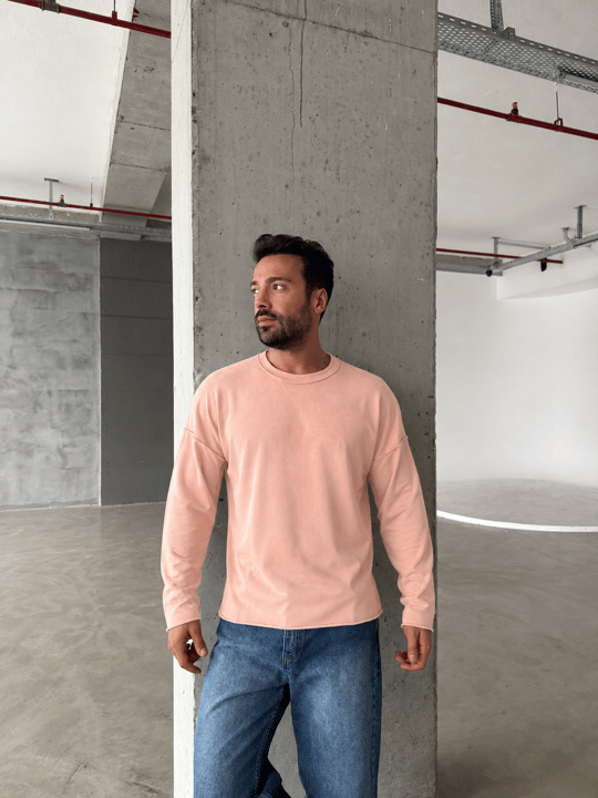 Pembe Yıkamalı Bisiklet Yaka İki İplik Sweatshirt KN 5751
