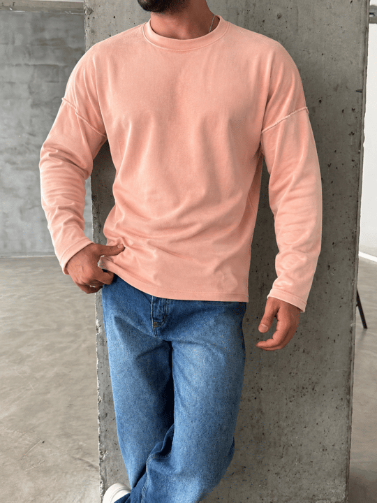 Pembe Yıkamalı Bisiklet Yaka İki İplik Sweatshirt KN 5751