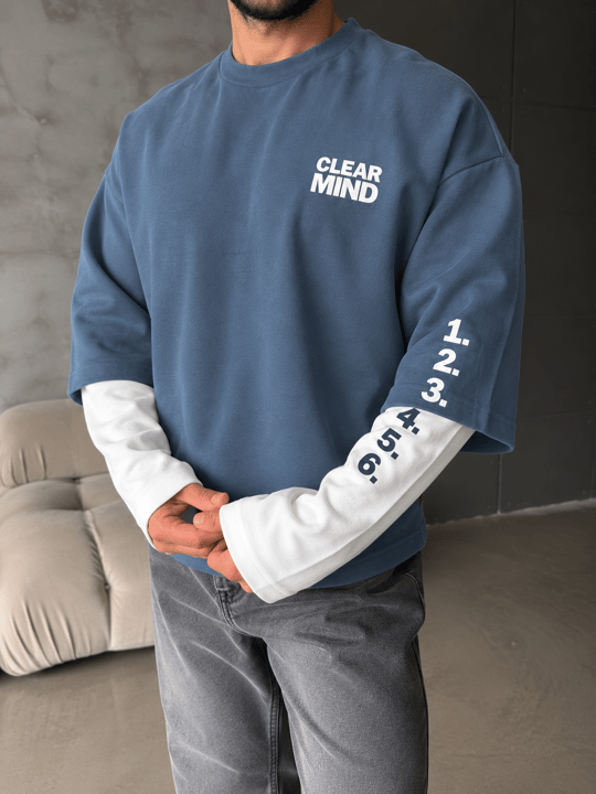 Petrol Clear Mind Baskılı Parçalı Sweatshirt Boxy RSP 5009