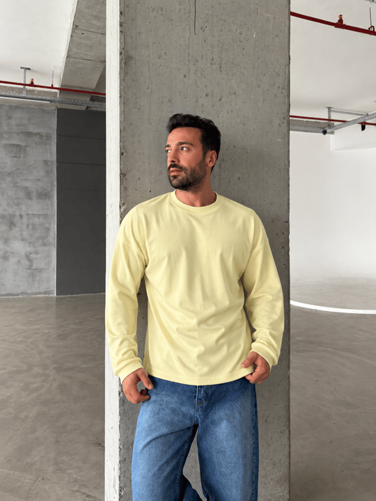 Sarı Yıkamalı Bisiklet Yaka İki İplik Sweatshirt KN 5751