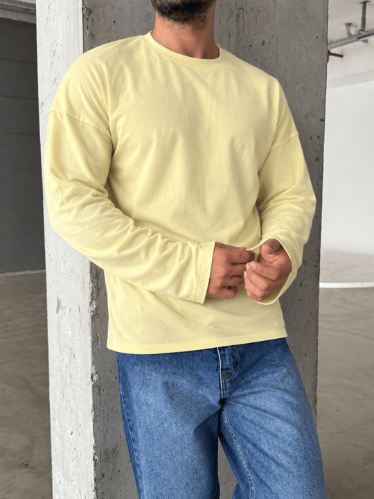 Sarı Yıkamalı Bisiklet Yaka İki İplik Sweatshirt KN 5751