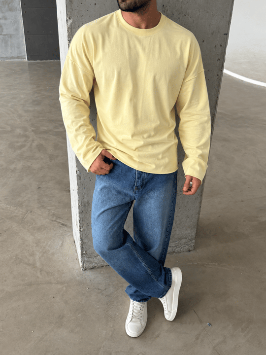 Sarı Yıkamalı Bisiklet Yaka İki İplik Sweatshirt KN 5751
