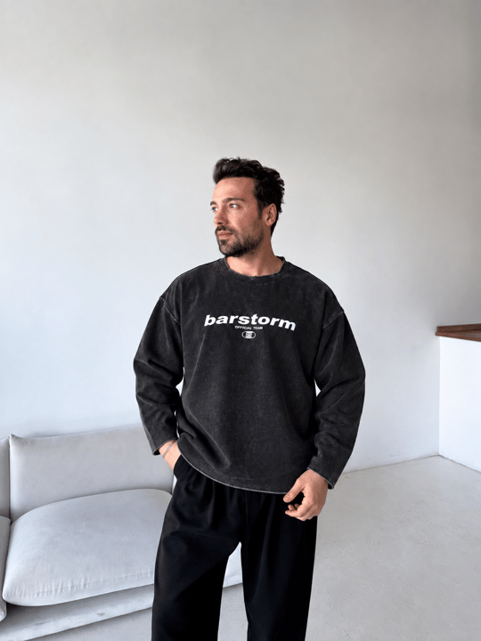 Siyah Barstorm Baskılı Pis Kesim Yıkamalı Boxy Sweatshirt BRR 80104