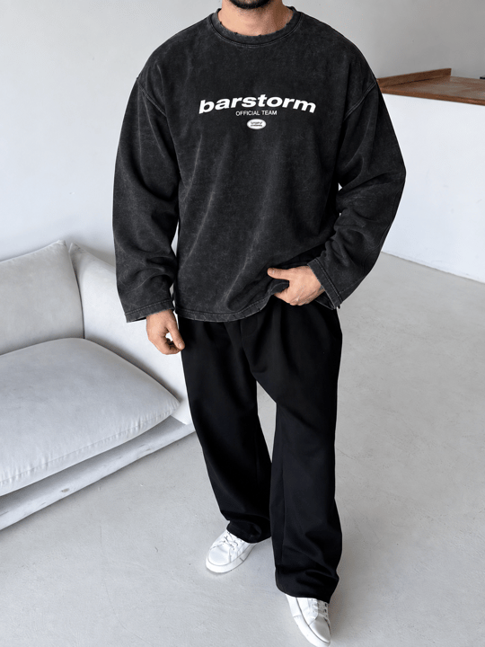 Siyah Barstorm Baskılı Pis Kesim Yıkamalı Boxy Sweatshirt BRR 80104