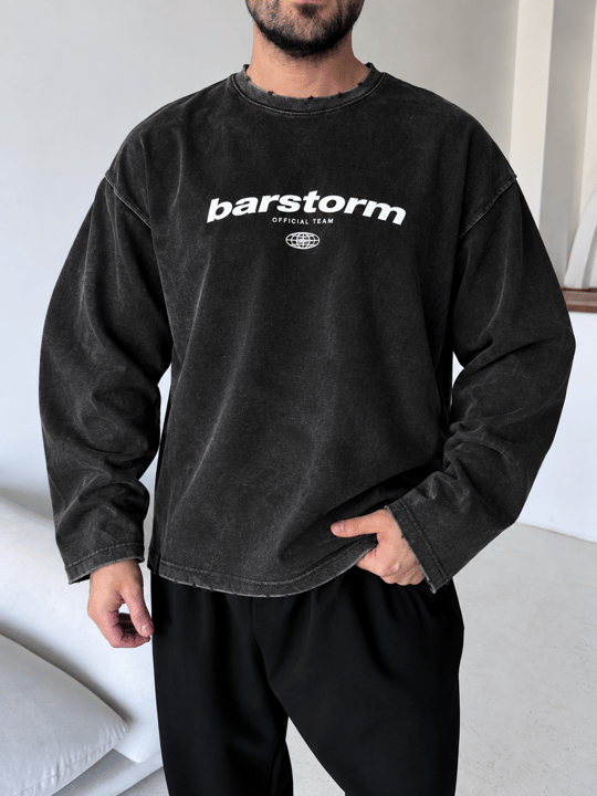 Siyah Barstorm Baskılı Pis Kesim Yıkamalı Boxy Sweatshirt BRR 80104