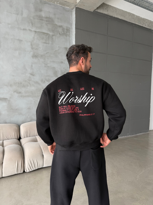 Siyah Bisiklet Yaka Worship Boxy Baskılı Sweatshirt PNC 6059