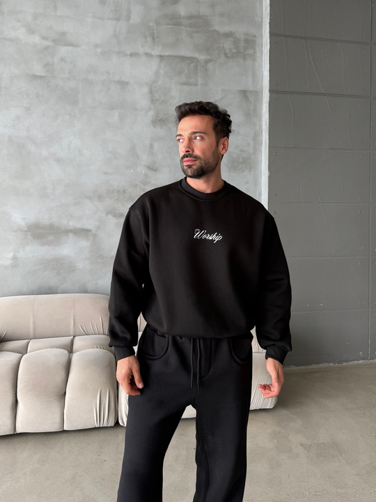 Siyah Bisiklet Yaka Worship Boxy Baskılı Sweatshirt PNC 6059