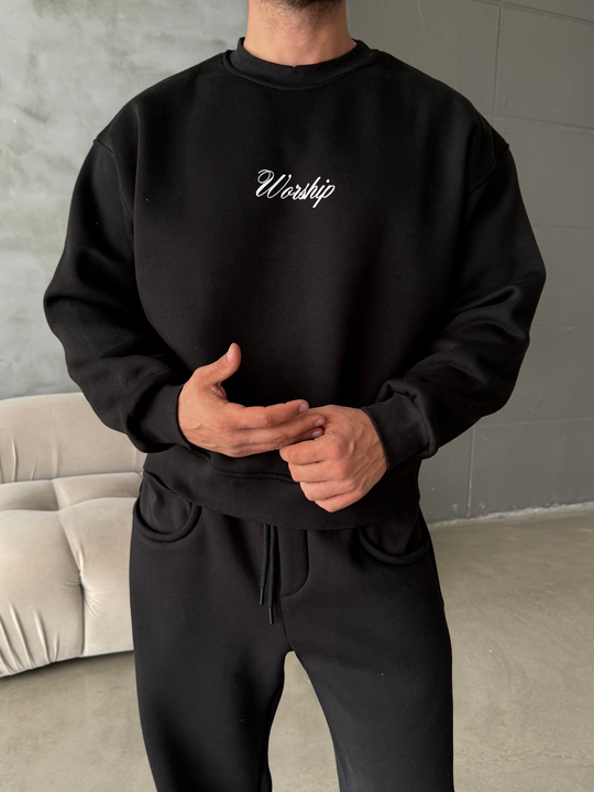 Siyah Bisiklet Yaka Worship Boxy Baskılı Sweatshirt PNC 6059