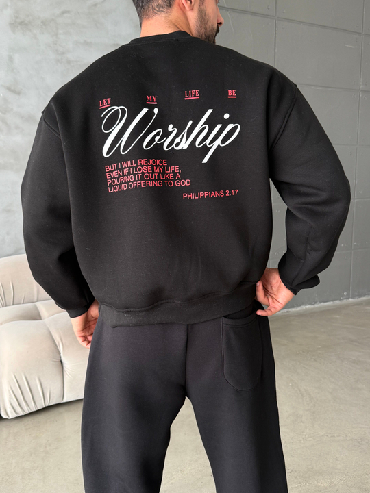 Siyah Bisiklet Yaka Worship Boxy Baskılı Sweatshirt PNC 6059