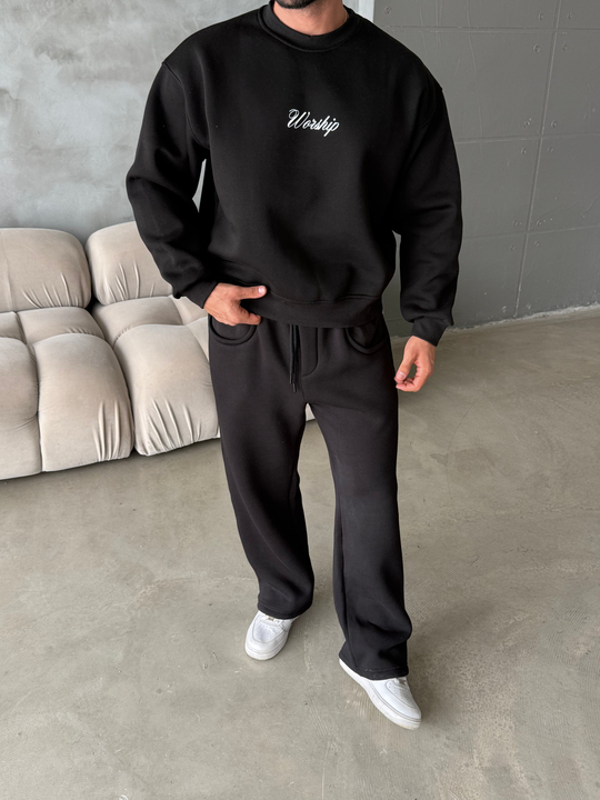 Siyah Bisiklet Yaka Worship Boxy Baskılı Sweatshirt PNC 6059