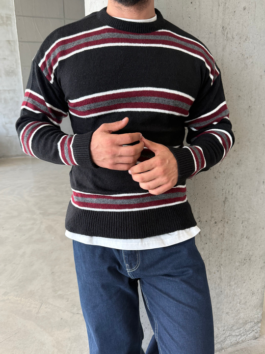 Siyah Çizgili Boxy Fit Pamuk Kazak SNZ