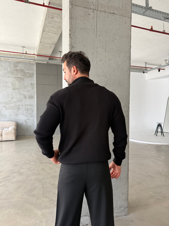 Siyah Elegant Fit Çift Fermuarlı Hırka Triko AU