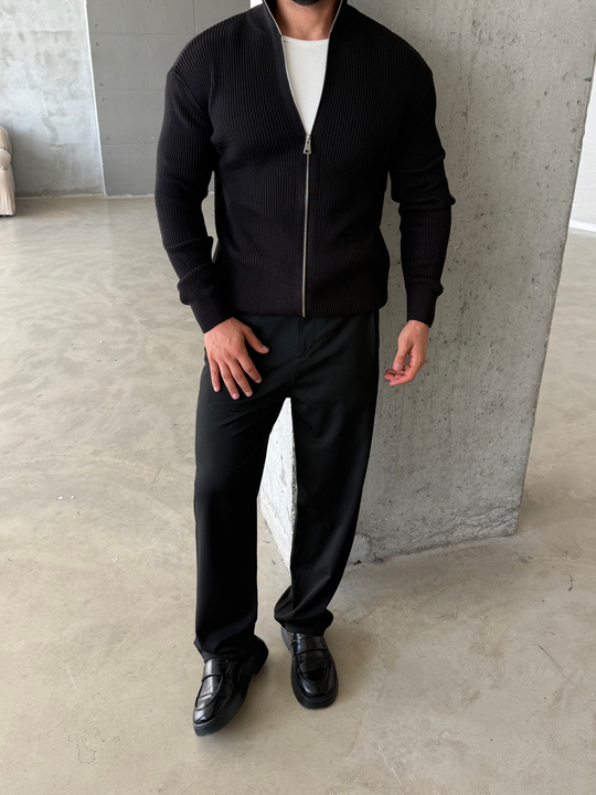 Siyah Elegant Fit Çift Fermuarlı Hırka Triko AU