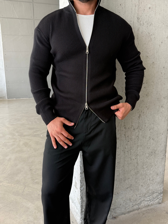 Siyah Elegant Fit Çift Fermuarlı Hırka Triko AU