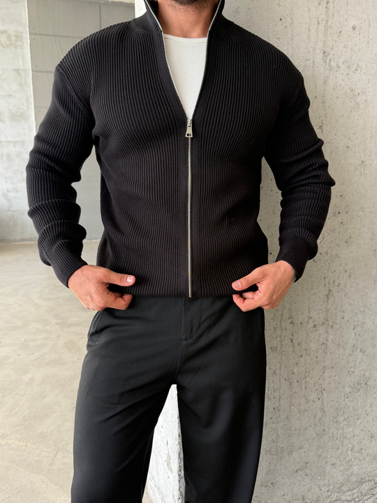 Siyah Elegant Fit Çift Fermuarlı Hırka Triko AU