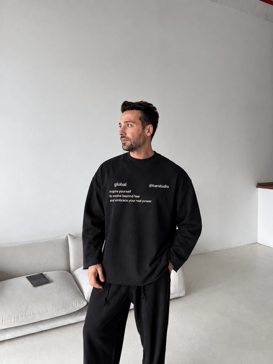 Siyah Global Pis Kesim Boxy 3 İplik Sweatshirt BRR 80115