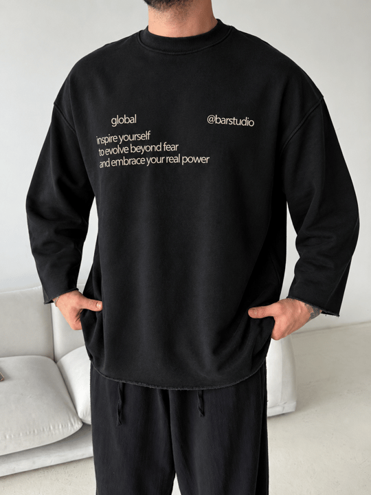 Siyah Global Pis Kesim Boxy 3 İplik Sweatshirt BRR 80115