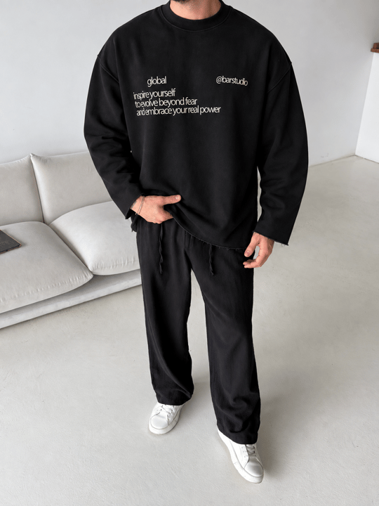 Siyah Global Pis Kesim Boxy 3 İplik Sweatshirt BRR 80115