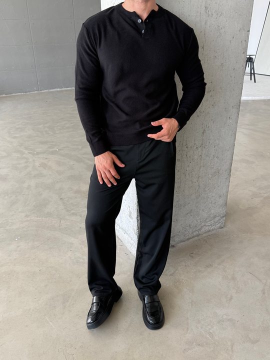 Siyah Henley Yaka Örgü Relax Fit Triko SNZ